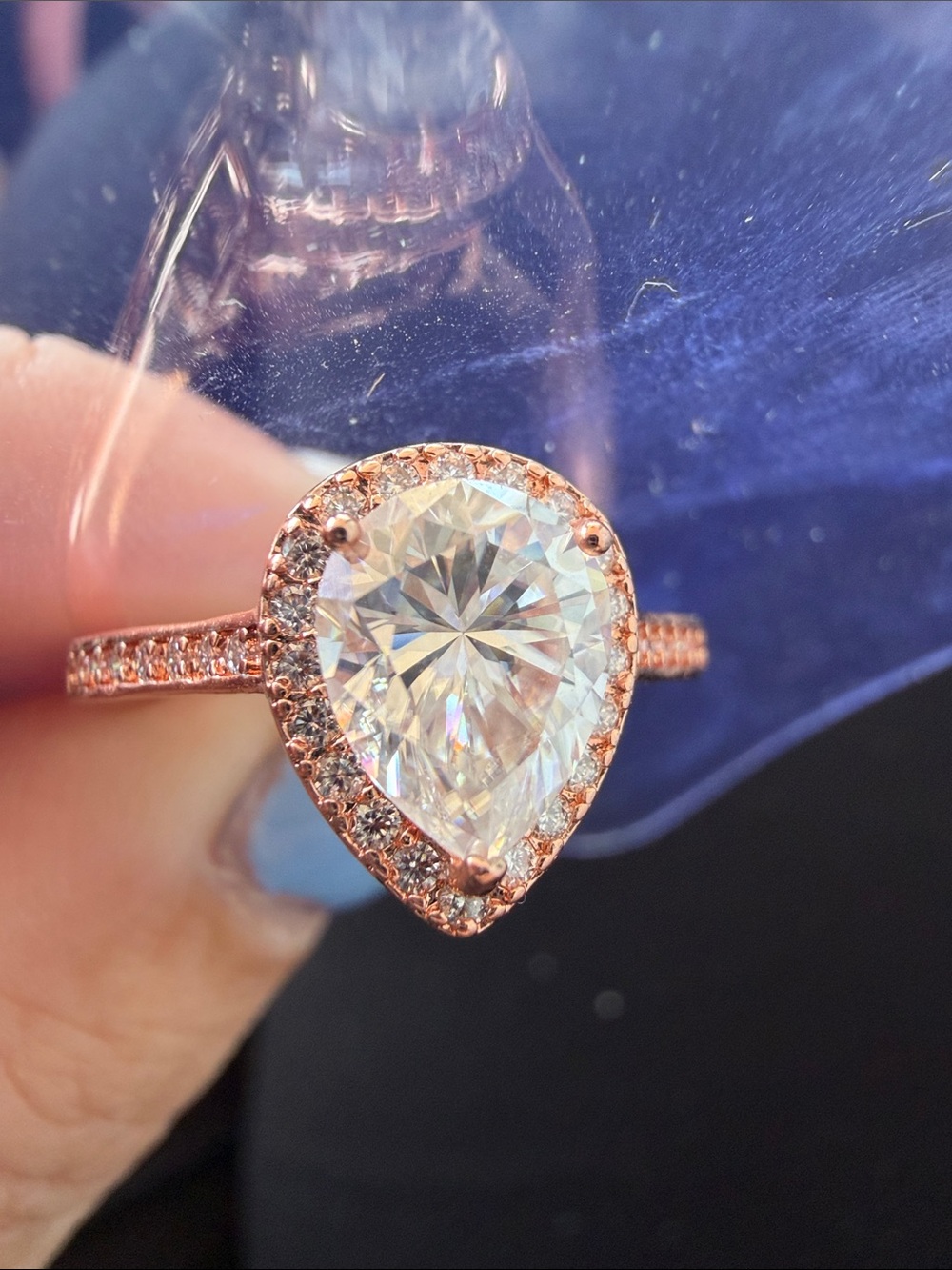 Rose Gold Pear-Cut Halo Engagement Ring with Clear Center Stone
